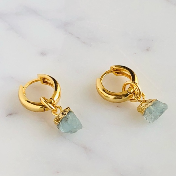 18K Gold Plated Aquamarine Stone Charm Huggie Earrings - Picture 2 of 6